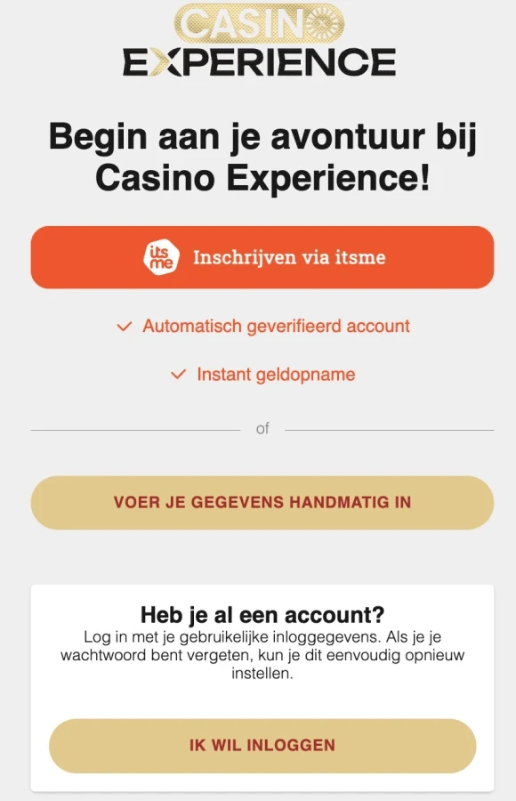 Registreren Experience Casino