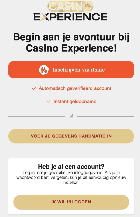 Registreren Experience Casino